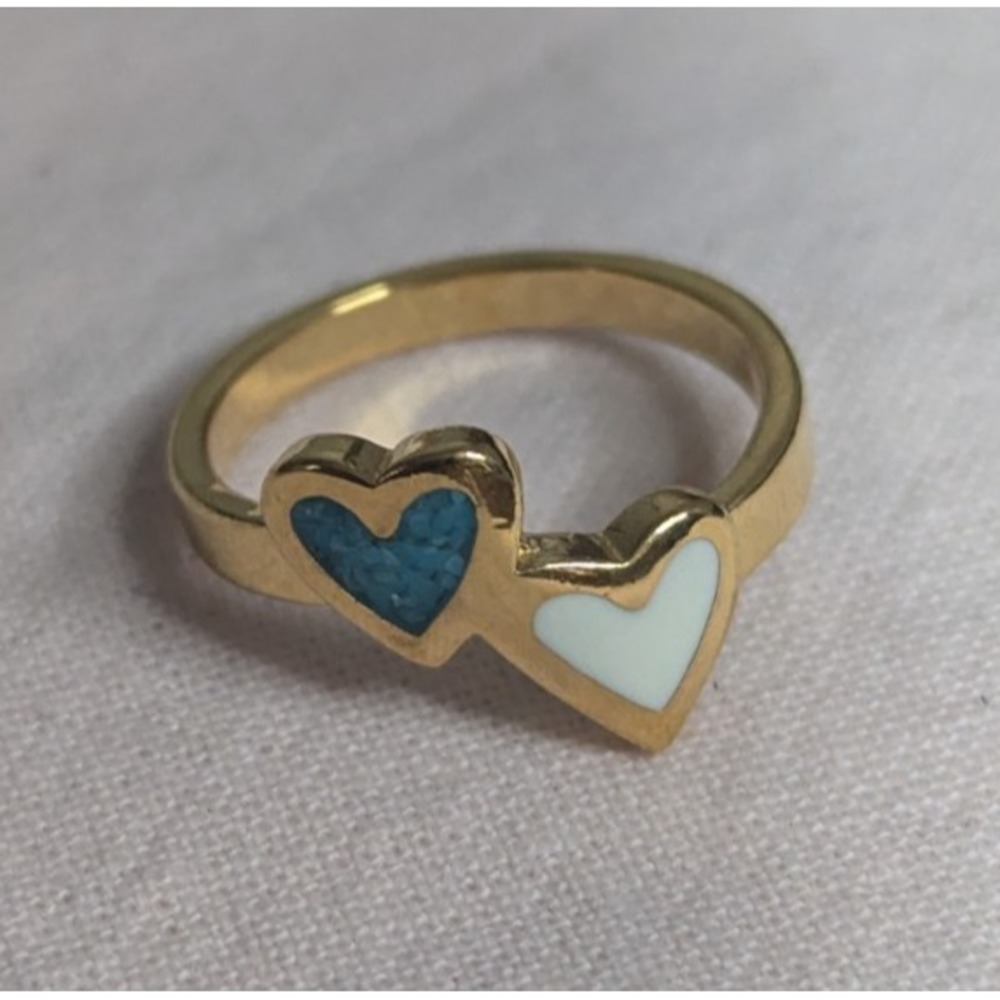 double Heart turquoise white inlay Womens gold ring size 6‎ unisex mens